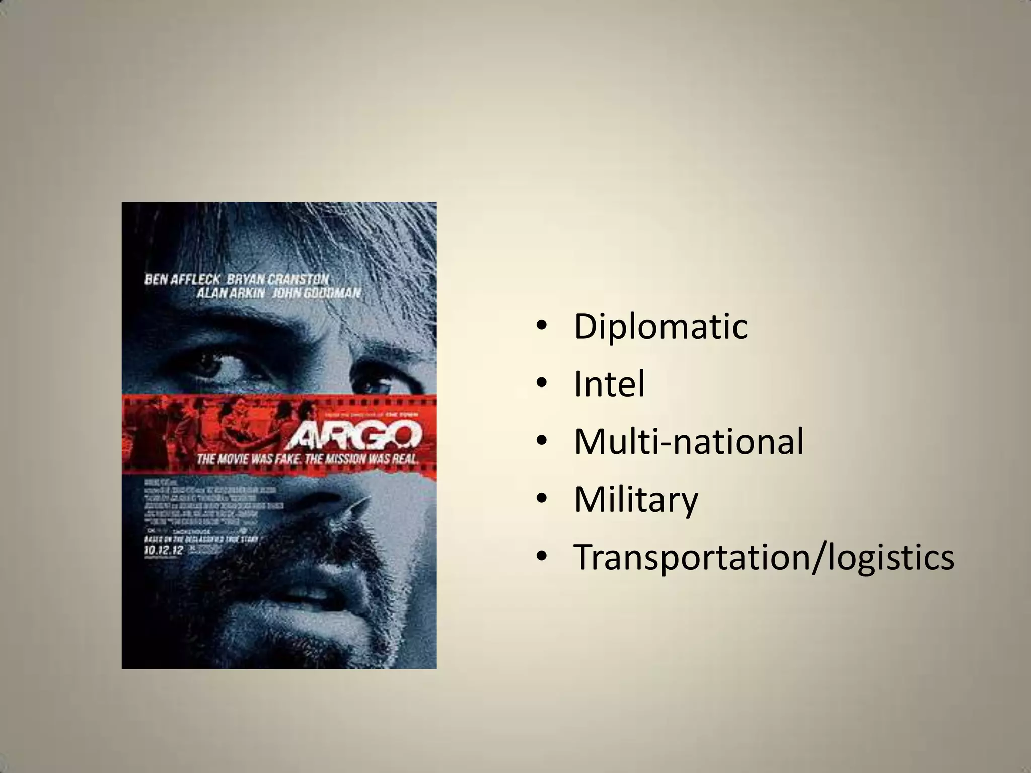 •   Diplomatic
•   Intel
•   Multi-national
•   Military
•   Transportation/logistics
 