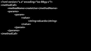 <?xml version="1.0" encoding="iso-8859-1"?>
<methodCall>
<methodName>createUser</methodName>
<params>
<param>
<value>
<string>eduardo</string>
</value>
</param>
</params>
</methodCall>
 