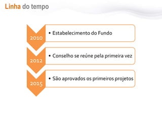 Linha do tempo
2010
• Estabelecimento do Fundo
2012
• Conselho se reúne pela primeira vez
2015
• São aprovados os primeiros projetos
 