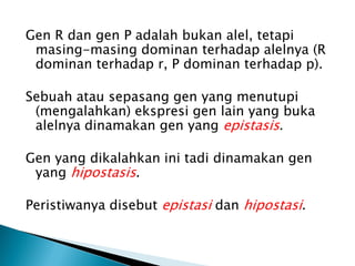 Gen R dan gen P adalah bukan alel, tetapi
 masing-masing dominan terhadap alelnya (R
 dominan terhadap r, P dominan terhadap p).

Sebuah atau sepasang gen yang menutupi
 (mengalahkan) ekspresi gen lain yang buka
 alelnya dinamakan gen yang epistasis.

Gen yang dikalahkan ini tadi dinamakan gen
 yang hipostasis.

Peristiwanya disebut epistasi dan hipostasi.
 