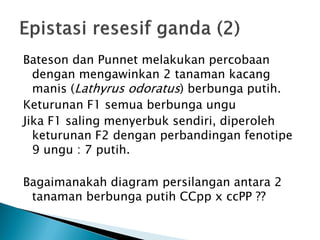 Bateson dan Punnet melakukan percobaan
  dengan mengawinkan 2 tanaman kacang
  manis (Lathyrus odoratus) berbunga putih.
Keturunan F1 semua berbunga ungu
Jika F1 saling menyerbuk sendiri, diperoleh
  keturunan F2 dengan perbandingan fenotipe
  9 ungu : 7 putih.

Bagaimanakah diagram persilangan antara 2
 tanaman berbunga putih CCpp x ccPP ??
 