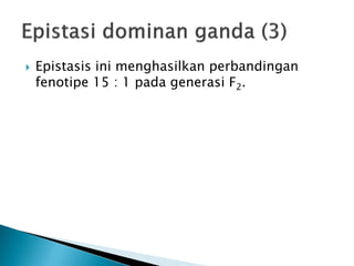    Epistasis ini menghasilkan perbandingan
    fenotipe 15 : 1 pada generasi F2.
 