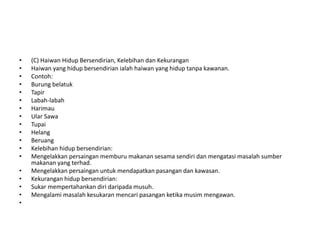 • (C) Haiwan Hidup Bersendirian, Kelebihan dan Kekurangan
• Haiwan yang hidup bersendirian ialah haiwan yang hidup tanpa kawanan.
• Contoh:
• Burung belatuk
• Tapir
• Labah-labah
• Harimau
• Ular Sawa
• Tupai
• Helang
• Beruang
• Kelebihan hidup bersendirian:
• Mengelakkan persaingan memburu makanan sesama sendiri dan mengatasi masalah sumber
makanan yang terhad.
• Mengelakkan persaingan untuk mendapatkan pasangan dan kawasan.
• Kekurangan hidup bersendirian:
• Sukar mempertahankan diri daripada musuh.
• Mengalami masalah kesukaran mencari pasangan ketika musim mengawan.
•
 