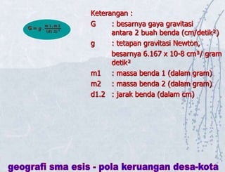 Keterangan :
G : besarnya gaya gravitasi
antara 2 buah benda (cm/detik²)
g : tetapan gravitasi Newton,
besarnya 6.167 x 10-8 cm³/ gram
detik²
m1 : massa benda 1 (dalam gram)
m2 : massa benda 2 (dalam gram)
d1.2 : jarak benda (dalam cm)
 