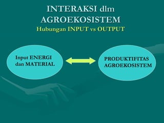 INTERAKSI dlm
AGROEKOSISTEM
Hubungan INPUT vs OUTPUT
Input ENERGI
dan MATERIAL
PRODUKTIFITAS
AGROEKOSISTEM
 