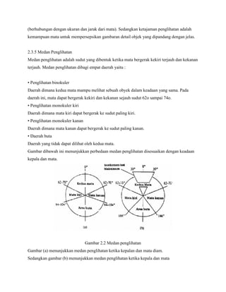 (berhubungan dengan ukuran dan jarak dari mata). Sedangkan ketajaman penglihatan adalah
kemampuan mata untuk mempersepsikan gambaran detail objek yang dipandang dengan jelas.
2.3.5 Medan Penglihatan
Medan penglihatan adalah sudut yang dibentuk ketika mata bergerak kekiri terjauh dan kekanan
terjauh. Medan penglihatan dibagi empat daerah yaitu :
• Penglihatan binokuler
Daerah dimana kedua mata mampu melihat sebuah obyek dalam keadaan yang sama. Pada
daerah ini, mata dapat bergerak kekiri dan kekanan sejauh sudut 62o sampai 74o.
• Penglihatan monokuler kiri
Daerah dimana mata kiri dapat bergerak ke sudut paling kiri.
• Penglihatan monokuler kanan
Daerah dimana mata kanan dapat bergerak ke sudut paling kanan.
• Daerah buta
Daerah yang tidak dapat dilihat oleh kedua mata.
Gambar dibawah ini menunjukkan perbedaan medan penglihatan disesuaikan dengan keadaan
kepala dan mata.
Gambar 2.2 Medan penglihatan
Gambar (a) menunjukkan medan penglihatan ketika kepalan dan mata diam.
Sedangkan gambar (b) menunjukkan medan penglihatan ketika kepala dan mata
 