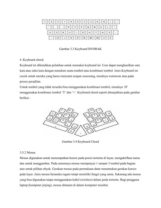 Gambar 3.3 Keyboard DVORAK
4. Keyboard chord.
Keyboard ini dibutuhkan pelatihan untuk memakai keyboard ini. User dapat menghasilkan satu
kata atau suku kata dengan menekan suatu tombol atau kombinasi tombol. Jenis Keyboard ini
cocok untuk mereka yang harus mencatat ucapan seseorang, misalnya wartawan atau pada
proses peradilan.
Untuk tombol yang tidak tersedia bisa menggunakan kombinasi tombol, misalnya ‘D’
menggunakan kombinasi tombol ‘T’ dan ‘+’. Keyboard chord seperti ditunjukkan pada gambar
berikut :
Gambar 3.4 Keyboard Chord
3.5.2 Mouse
Mouse digunakan untuk menempatkan kursor pada posisi tertentu di layar, mengaktifkan menu
dan untuk menggambar. Pada umumnya mouse mempunyai 1 sampai 3 tombol pada bagian
atas untuk pilihan obyek. Gerakan mouse pada permukaan datar menentukan gerakan kursor
pada layar. Jenis mouse beraneka ragam tetapi memiliki fungsi yang sama. Sekarang ada mouse
yang bisa digunakan tanpa menggunakan kabel (wireless) dalam jarak tertentu. Bagi pengguna
laptop (komputer jinjing), mouse ditanam di dalam komputer tersebut.
 