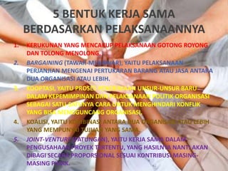 5 BENTUK KERJA SAMA
     BERDASARKAN PELAKSANAANNYA
1.   KERUKUNAN YANG MENCAKUP PELAKSANAAN GOTONG ROYONG
     DAN TOLONG MENOLONG.
2.   BARGAINING (TAWAR-MENAWAR), YAITU PELAKSANAAN
     PERJANJIAN MENGENAI PERTUKARAN BARANG ATAU JASA ANTARA
     DUA ORGANISASI ATAU LEBIH.
3.   KOOPTASI, YAITU PROSES PENERIMAAN UNSUR-UNSUR BARU
     DALAM KEPEMIMPINAN DAN PELAKSANAAN POLITIK ORGANISASI
     SEBAGAI SATU-SATUNYA CARA UNTUK MENGHINDARI KONFLIK
     YANG BISA MENGGUNCANG ORGANISASI.
4.   KOALISI, YAITU KOMBINASI ANTARA DUA ORGANISASI ATAU LEBIH
     YANG MEMPUNYAI TUJUAN YANG SAMA.
5.   JOINT-VENTURE (PATUNGAN), YAITU KERJA SAMA DALAM
     PENGUSAHAAN PROYEK TERTENTU, YANG HASILNYA NANTI AKAN
     DIBAGI SECARA PROPORSIONAL SESUAI KONTRIBUSI MASING-
     MASING PIHAK.
 