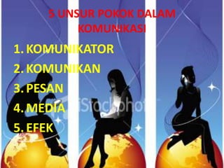 5 UNSUR POKOK DALAM
         KOMUNIKASI
1. KOMUNIKATOR
2. KOMUNIKAN
3. PESAN
4. MEDIA
5. EFEK
 