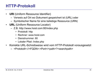 HTTP-Protokoll URI  (Uniform Ressource Identifier) Verweis auf Ort wo Dokument gespeichert ist (URL) oder Symbolischer Name für eine beliebige Ressource (URN) URL  (Uniform Ressource Locator) Z.B. http://www.hoisl.com:80/index.php Protokoll: http Rechner: www.hoisl.com Dienstnummer: 80 Lokaler Pfad: /index.php Korrekte URL-Schreibweise wird vom HTTP-Protokoll vorausgesetzt <Protokoll>://<FQDN>:<Port>/<path>?<searchpath> 
