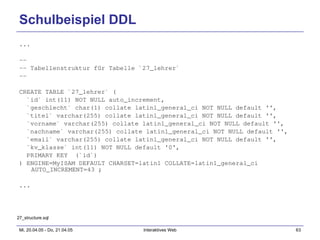 Schulbeispiel DDL ... --  -- Tabellenstruktur für Tabelle `27_lehrer` --  CREATE TABLE `27_lehrer` ( `id` int(11) NOT NULL auto_increment, `geschlecht` char(1) collate latin1_general_ci NOT NULL default '', `titel` varchar(255) collate latin1_general_ci NOT NULL default '', `vorname` varchar(255) collate latin1_general_ci NOT NULL default '', `nachname` varchar(255) collate latin1_general_ci NOT NULL default '', `email` varchar(255) collate latin1_general_ci NOT NULL default '', `kv_klasse` int(11) NOT NULL default '0', PRIMARY KEY  (`id`) ) ENGINE=MyISAM DEFAULT CHARSET=latin1 COLLATE=latin1_general_ci AUTO_INCREMENT=43 ; ... 27_structure.sql 