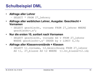 Schulbeispiel DML Abfrage aller Lehrer SELECT * FROM 27_lehrer; Abfrage aller weiblichen Lehrer, Ausgabe: Geschlecht + Vornamen SELECT geschlecht, vorname FROM 27_lehrer WHERE geschlecht=‚w‘; Nur die ersten 10, sortiert nach Vornamen SELECT geschlecht, vorname AS v FROM 27_lehrer WHERE geschlecht=‚w‘ ORDER by v LIMIT 0,10; Abfrage aller Klassenvorstände + Klassen SELECT t1.vorname, t2.bezeichnung FROM 27_lehrer AS t1, 27_klasse AS t2 WHERE  t1.kv_klasse=t2.id; 