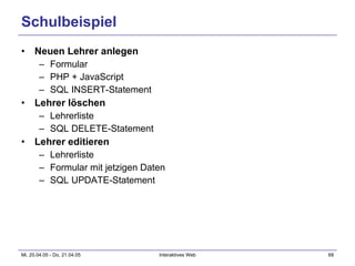 Schulbeispiel Neuen Lehrer anlegen Formular PHP + JavaScript SQL INSERT-Statement Lehrer löschen Lehrerliste SQL DELETE-Statement Lehrer editieren Lehrerliste Formular mit jetzigen Daten SQL UPDATE-Statement 