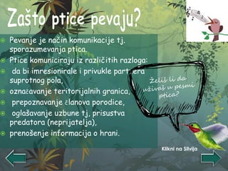 Pevanje je način komunikacije tj.
sporazumevanja ptica.
 Ptice komuniciraju iz različitih razloga:
 da bi imresionirale i privukle partnera
suprotnog pola,
 označavanje teritorijalnih granica,
 prepoznavanje članova porodice,
 oglašavanje uzbune tj, prisustva
predatora (neprijatelja),
 prenošenje informacija o hrani.
Klikni na Silvija
 
