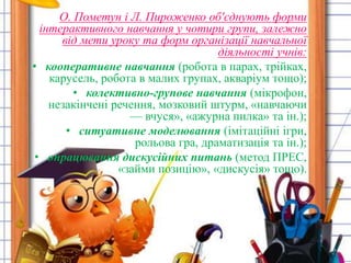 О. Пометун і Л. Пироженко об'єднують форми 
інтерактивного навчання у чотири групи, залежно 
від мети уроку та форм організації навчальної 
діяльності учнів: 
• кооперативне навчання (робота в парах, трійках, 
карусель, робота в малих групах, акваріум тощо); 
• колективно-групове навчання (мікрофон, 
незакінчені речення, мозковий штурм, «навчаючи 
— вчуся», «ажурна пилка» та ін.); 
• ситуативне моделювання (імітаційні ігри, 
рольова гра, драматизація та ін.); 
• опрацювання дискусійних питань (метод ПРЕС, 
«займи позицію», «дискусія» тощо). 
 