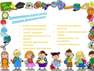 • кожна думка важлива; 
• не бійся висловитись; 
• ми всі - партнери; 
• обговорюємо сказане, а не 
людину; 
• обдумав, сформулював, 
висловив; 
• кажи чітко, ясно, красиво; 
• вислухав, висловився, 
вислухав; 
• наводь тільки обґрунтовані 
докази; 
• умій погодитись і не 
погодитись; 
• важлива кожна роль. 
 