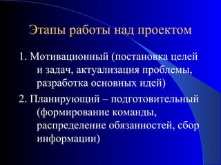 Этапы работы над проектом
1. Мотивационный (постановка целей
и задач, актуализация проблемы,
разработка основных идей)
2. Планирующий – подготовительный
(формирование команды,
распределение обязанностей, сбор
информации)

 
