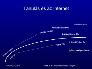 Tanulás és az Internet hálózati tanulás konnektivizmus interaktív honlap web 1.0 web 2.0 tanítás - tanulás tanulás - tanítás konstruktivizmus fejlesztési platform 