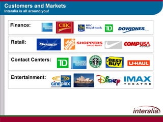 Customers and Markets Interalia is all around you! Finance: Retail: Contact Centers: Entertainment: 