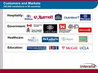 Customers and Markets 250,000 installations in 60 countries Hospitality: Government: Healthcare: Education: 