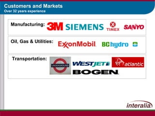 Customers and Markets Over 32 years experience Manufacturing: Oil, Gas & Utilities: Transportation: 