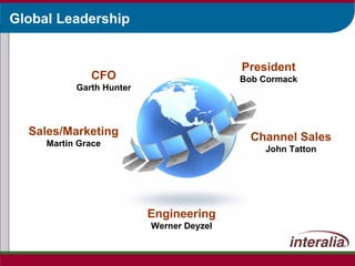 Global Leadership CFO Garth Hunter Sales/Marketing Martin Grace Engineering Werner Deyzel President Bob Cormack Channel Sales John Tatton 