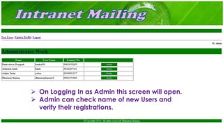  On Logging In as Admin this screen will open.
 Admin can check name of new Users and
verify their registrations.
 