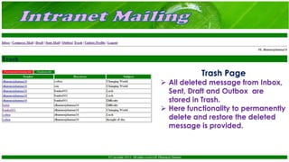Trash Page
 All deleted message from Inbox,
Sent, Draft and Outbox are
stored in Trash.
 Here functionality to permanently
delete and restore the deleted
message is provided.
 