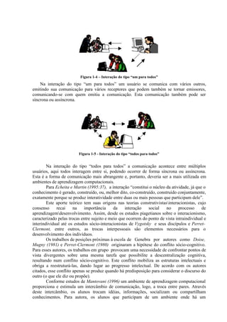 Figura 1-4 – Interação do tipo “um para todos”
Na interação do tipo “um para todos” um usuário se comunica com vários outros,
emitindo sua comunicação para vários receptores que podem também se tornar emissores,
comunicando-se com quem emitiu a comunicação. Esta comunicação também pode ser
síncrona ou assíncrona.
Figura 1-5 - Interação do tipo “todos para todos”
Na interação do tipo “todos para todos” a comunicação acontece entre múltiplos
usuários, aqui todos interagem entre si, podendo ocorrer de forma síncrona ou assíncrona.
Esta é a forma de comunicação mais abrangente e, portanto, deveria ser a mais utilizada em
ambientes de aprendizagem computacionais.
Para Echeita e Martin (1995:37), a interação “constitui o núcleo da atividade, já que o
conhecimento é gerado, construído, ou, melhor dito, co-construído, construído conjuntamente,
exatamente porque se produz interatividade entre duas ou mais pessoas que participam dele”.
Este aporte teórico tem suas origens nas teorias construtivistasinteracionistas, cujo
consenso recai na importância da interação social no processo de
aprendizagemdesenvolvimento. Assim, desde os estudos piagetianos sobre o interacionismo,
caracterizado pelas trocas entre sujeito e meio que ocorrem do ponto de vista intraindividual e
interindividual até os estudos sócio-interacionistas de Vygotsky e seus discípulos e Perret-
Clermont, entre outros, as trocas interpessoais são elementos necessários para o
desenvolvimento dos indivíduos.
Os trabalhos de posições próximas à escola de Genebra por autores como Doise,
Mugny (1981) e Perret-Clermont (1980) originaram a hipótese do conflito sócio-cognitivo.
Para esses autores, os trabalhos em grupo provocam uma necessidade de confrontar pontos de
vista divergentes sobre uma mesma tarefa que possibilite a descentralização cognitiva,
resultando num conflito sócio-cognitivo. Este conflito mobiliza as estruturas intelectuais e
obriga a reestruturá-las, dando lugar ao progresso intelectual. De acordo com os autores
citados, esse conflito apenas se produz quando há predisposição para considerar o discurso do
outro (o que ele diz ou propõe).
Conforme estudos de Mantovani (1996) um ambiente de aprendizagem computacional
proporciona e estimula um intercâmbio de comunicação, logo, a troca entre pares. Através
deste intercâmbio, os alunos trocam idéias, informações, socializam ou compartilham
conhecimentos. Para autora, os alunos que participam de um ambiente onde há um
 