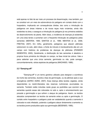 6
está apenas no fato de ser mais um processo de disseminação, mas também, por
se constituir em um meio de sobrevivência do patógeno em contato direto com o
hospedeiro, implicando em consequências diretas, tais como a introdução de
patógenos em áreas indenes e de novas raças mais virulentas, ainda não
existentes na área, e assegura a introdução do patógeno já nos primeiros estádios
de desenvolvimento da planta. Além disso, a incidência de doenças já existentes
em uma área tende a aumentar com a freqüente introdução de patógenos pelas
sementes (MENTEN, 1995; SANTOS et al., 1996; MENTEN et al., 2006;
FREITAS, 2007). Em milho, geralmente, patógenos que atacam plântulas
sobrevivem no solo, além disso, a fonte de inóculo é inevitavelmente alta em um
campo com histórico de problemas de doenças de plântulas (PIONEER
SEMENTES, 2005). Geralmente, a distribuição de tais sementes é aleatória e
propicia focos primários de infecção no campo, na fase inicial da cultura. Vale a
pena salientar que uma única semente, germinada ou não, pode carregar,
concomitantemente, várias espécies de patógenos (MACHADO, 1988).
2.2 “Damping-off”
"Damping-off" é um termo genérico utilizado para designar a ocorrência
da morte das sementes, durante a fase de germinação, ou da plântula após a sua
emergência (SAPEC AGRO, 2007). Essa doença afeta tecidos vegetais, ainda
dependentes ou recém-liberados das reservas nutricionais acumuladas na
semente. Também estão incluídas neste grupo as podridões que ocorrem nas
sementes quando essas são colocadas no solo e, após o entumescimento que
precede a germinação e que sofrem o ataque de patógenos. Assim, os tecidos
atacados compreendem os tecidos da semente antes ou após a germinação. O
contato entre hospedeiro e patógeno pode ser estabelecido quando a semente é
colocada no solo infestado, podendo o patógeno atacar diretamente a semente ou
os tecidos jovens produzidos após sua germinação (BEDENDO, 1995).
 