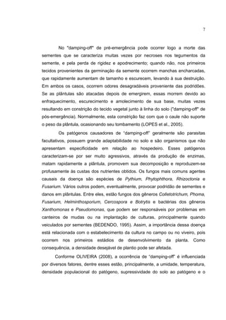 7
No "damping-off" de pré-emergência pode ocorrer logo a morte das
sementes que se caracteriza muitas vezes por necroses nos tegumentos da
semente, e pela perda de rigidez e apodrecimento; quando não, nos primeiros
tecidos provenientes da germinação da semente ocorrem manchas encharcadas,
que rapidamente aumentam de tamanho e escurecem, levando à sua destruição.
Em ambos os casos, ocorrem odores desagradáveis proveniente das podridões.
Se as plântulas são atacadas depois de emergirem, essas morrem devido ao
enfraquecimento, escurecimento e amolecimento de sua base, muitas vezes
resultando em constrição do tecido vegetal junto à linha do solo ("damping-off" de
pós-emergência). Normalmente, esta constrição faz com que o caule não suporte
o peso da plântula, ocasionando seu tombamento (LOPES et al., 2005).
Os patógenos causadores de “damping-off” geralmente são parasitas
facultativos, possuem grande adaptabilidade no solo e são organismos que não
apresentam especificidade em relação ao hospedeiro. Esses patógenos
caracterizam-se por ser muito agressivos, através da produção de enzimas,
matam rapidamente a plântula, promovem sua decomposição e reproduzem-se
profusamente às custas dos nutrientes obtidos. Os fungos mais comuns agentes
causais da doença são espécies de Pythium, Phytophthora, Rhizoctonia e
Fusarium. Vários outros podem, eventualmente, provocar podridão de sementes e
danos em plântulas. Entre eles, estão fungos dos gêneros Colletotrichum, Phoma,
Fusarium, Helminthosporium, Cercospora e Botrytis e bactérias dos gêneros
Xanthomonas e Pseudomonas, que podem ser responsáveis por problemas em
canteiros de mudas ou na implantação de culturas, principalmente quando
veiculados por sementes (BEDENDO, 1995). Assim, a importância dessa doença
está relacionada com o estabelecimento da cultura no campo ou no viveiro, pois
ocorrem nos primeiros estádios de desenvolvimento da planta. Como
consequência, a densidade desejável de plantio pode ser afetada.
Conforme OLIVEIRA (2008), a ocorrência de “damping-off” é influenciada
por diversos fatores, dentre esses estão, principalmente, a umidade, temperatura,
densidade populacional do patógeno, supressividade do solo ao patógeno e o
 
