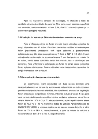 20
Após os respectivos períodos de inoculação, foi efetuado o teste de
sanidade, através do método do papel de filtro, sem e com assepsia superficial
das sementes, conforme descrito no item 3.3.4, visando constatar a presença ou
ausência do patógeno inoculado.
3.6 Produção do inóculo de Rhizoctonia solani em sementes de sorgo
Para a infestação direta do fungo em solo foram utilizadas sementes de
sorgo infestadas com R. solani. Para isso, sementes contidas em erlenmeyres
foram previamente umedecidas com água destilada e posteriormente
autoclavadas por três dias consecutivos por 1 hora a 120o
C (1,0 atm). Foram
retirados discos de micélio de aproximadamente 5 mm das bordas da colônia de
R. solani, sendo esses colocados dentro dos frascos para a colonização das
sementes. Para uniformizar a colonização do fungo no sorgo esses recipientes
foram agitados diariamente. Foram utilizadas como testemunhas sementes de
sorgo esterilizadas sem o inóculo.
3.7 Caracterização das épocas experimentais
Os experimentos foram conduzidos em duas épocas distintas: uma
caracterizada como um período de temperaturas mais amenas e a outra como um
período de temperaturas mais elevadas. No experimento em casa de vegetação
foram anotadas as temperaturas mínimas, máximas e atuais (Figuras 1 e 2), para
cada período. As temperaturas médias mínima e máxima registradas para a época
amena foram de 13 o
C e 25,5 o
C, respectivamente, e para época quente essas
foram de 19,5 o
C e 38 o
C. Conforme dados da Estação Agroclimatológica da
UNESP/FCAV (2008), a umidade relativa do ar para os meses de junho e julho
foram de 73 % e 64,9 %, respectivamente, e para os meses de outubro e
novembro foram de 64,8 % e 73,3 %, respectivamente.
 