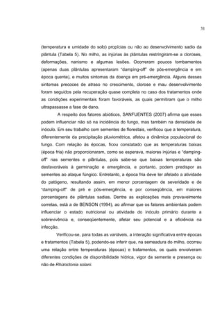 3
(temperatura e umidade do solo) propícias ou não ao desenvolvimento sadio da
plântula (Tabela 5). No milho, as injúrias às plântulas restringiram-se a cloroses,
deformações, nanismo e algumas lesões. Ocorreram poucos tombamentos
(apenas duas plântulas apresentaram “damping-off” de pós-emergência e em
época quente), e muitos sintomas da doença em pré-emergência. Alguns desses
sintomas precoces de atraso no crescimento, clorose e mau desenvolvimento
foram seguidos pela recuperação quase completa no caso dos tratamentos onde
as condições experimentais foram favoráveis, as quais permitiram que o milho
ultrapassasse a fase de dano.
A respeito dos fatores abióticos, SANFUENTES (2007) afirma que esses
podem influenciar não só na incidência do fungo, mas também na densidade de
inóculo. Em seu trabalho com sementes de florestais, verificou que a temperatura,
diferentemente da precipitação pluviométrica, afetou a dinâmica populacional do
fungo. Com relação às épocas, ficou constatado que as temperaturas baixas
(época fria) não proporcionaram, como se esperava, maiores injúrias e “damping-
off” nas sementes e plântulas, pois sabe-se que baixas temperaturas são
desfavoráveis à germinação e emergência, e portanto, podem predispor as
sementes ao ataque fúngico. Entretanto, a época fria deve ter afetado a atividade
do patógeno, resultando assim, em menor porcentagem de severidade e de
“damping-off” de pré e pós-emergência, e por conseqüência, em maiores
porcentagens de plântulas sadias. Dentre as explicações mais provavelmente
corretas, está a de BENSON (1994), ao afirmar que os fatores ambientais podem
influenciar o estado nutricional ou atividade do inóculo primário durante a
sobrevivência e, conseqüentemente, afetar seu potencial e a eficiência na
infecção.
Verificou-se, para todas as variáveis, a interação significativa entre épocas
e tratamentos (Tabela 5), podendo-se inferir que, na semeadura do milho, ocorreu
uma relação entre temperaturas (épocas) e tratamentos, os quais envolveram
diferentes condições de disponibilidade hídrica, vigor da semente e presença ou
não de Rhizoctonia solani.
31
 