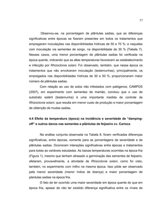 9
Observou-se, na porcentagem de plântulas sadias, que as diferenças
significativas entre épocas se fizeram presentes em todos os tratamentos que
empregaram inoculações nas disponibilidades hídricas de 50 e 70 %; e naqueles
com inoculação via sementes de sorgo, na disponibilidade de 30 % (Tabela 7).
Nesses casos, uma menor porcentagem de plântulas sadias foi verificada na
época quente, indicando que as altas temperaturas favorecem ao estabelecimento
e infecção por Rhizoctonia solani. Foi observado, também, que nessa época os
tratamentos que não envolveram inoculação (testemunhas), principalmente, os
empregados nas disponibilidades hídricas de 30 e 50 %, proporcionaram maior
número de plântulas sadias.
Com relação ao uso de solos não infestados com patógenos, CAMPOS
(2007), em experimento com sementes de mamão, concluiu que o uso de
substrato estéril (testemunha) é uma importante medida de controle de
Rhizoctonia solani, que resulta em menor custo de produção e maior porcentagem
de obtenção de mudas sadias.
4.4 Efeito da temperatura (época) na incidência e severidade de “damping-
off” e outros danos nas sementes e plântulas de feijoeiro cv. Carioca
Na análise conjunta observada na Tabela 8, foram verificadas diferenças
significativas, entre épocas, somente para as porcentagens de severidade e de
plântulas sadias. Ocorreram interações significativas entre épocas e tratamentos
para todas as variáveis estudadas. As baixas temperaturas ocorridas na época fria
(Figura 1), mesmo que tenham atrasado a germinação das sementes de feijoeiro,
afetaram, provavelmente, a atividade de Rhizoctonia solani, como foi visto,
também, no experimento com milho na mesma época. Isso pôde ser observado
pela menor severidade (menor índice de doença) e maior porcentagem de
plantulas sadias na época fria.
O fato de ter ocorrido uma maior severidade em época quente do que em
época fria, apesar de não ter existido diferença significativa entre os níveis de
37
 