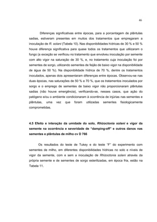 18
Diferenças significativas entre épocas, para a porcentagem de plântulas
sadias, estiveram presentes em muitos dos tratamentos que empregaram a
inoculação de R. solani (Tabela 10). Nas disponibilidades hídricas de 30 % e 50 %
houve diferença significativa para quase todos os tratamentos que utilizaram o
fungo (a exceção se verificou no tratamento que envolveu inoculação por semente
com alto vigor na saturação de 30 %, e, no tratamento cuja inoculação foi por
sementes de sorgo, utilizando sementes de feijão de baixo vigor na disponibilidade
de água de 50 %). Na disponibilidade hídrica de 70 %, dentre os tratamentos
inoculados, apenas dois apresentaram diferenças entre épocas. Observou-se nas
duas épocas, nas saturações de 50 % e 70 %, que os tratamentos inoculados por
sorgo e o emprego de sementes de baixo vigor não proporcionaram plântulas
sadias (não houve emergência), verificando-se, nesses casos, que ação do
patógeno e/ou o ambiente condicionaram à ocorrência de injúrias nas sementes e
plântulas, uma vez que foram utilizadas sementes fisiologicamente
comprometidas.
4.5 Efeito e interação da umidade do solo, Rhizoctonia solani e vigor da
semente na ocorrência e severidade de “damping-off” e outros danos nas
sementes e plântulas de milho cv D 766
Os resultados do teste de Tukey e do teste “F” do experimento com
sementes de milho, em diferentes disponibilidades hídricas no solo e níveis de
vigor da semente, com e sem a inoculação de Rhizoctonia solani através da
própria semente e de sementes de sorgo esterilizadas, em época fria, estão na
Tabela 11.
46
 