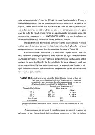 24
maior proximidade do inóculo de Rhizoctonia solani ao hospedeiro. E que, a
proximidade do inóculo com as sementes aumentou a severidade da doença. Na
verdade, ambos os substratos são importantes do ponto de vista epidemiológico,
pois podem ser meio de sobrevivência do patógeno, sendo que a semente pode
servir de fonte de inóculo inicial, tendo-se a preocupação com áreas ainda não
contaminadas, concordando com ONESIROSAN (1975), que também afirma que
sementes infectadas são importantes fontes de inóculo primário.
O desdobramento da interação significativa entre disponibilidade hídrica e
nível de vigor da semente para as médias de comprimento de plântula, referentes
ao experimento com sementes de milho em época fria está na Tabela 13.
Para essa variável, verificou-se que somente na disponibilidade hídrica de
30 % não houve diferença significativa entre os níveis de vigor, sendo que nessa
saturação ocorreram os menores valores de comprimento de plântula, para ambos
os níveis de vigor. A utilização da disponibilidade de água tida como ideal para
semeadura do feijão (50 %) e o uso de sementes de alta qualidade fisiológica (alto
vigor) foram favoráveis ao bom crescimento das plântulas, por ter se constatado o
maior valor de comprimento.
TABELA 13. Desdobramento da interação Disponibilidade hídrica x Nível de
vigor para as médias de comprimento de plântula, em relação ao
experimento com sementes de milho, com presença ou não de
Rhizoctonia solani, em época fria. Jaboticabal, 2008.
Médias seguidas de mesma letra maiúscula, na linha, e minúscula, na coluna, não diferem pelo teste de Tukey
(P>0,05).
A alta qualidade da semente é importante para se prevenir o ataque de
patógenos de solo. Sementes de baixa qualidade geralmente contêm rachaduras
Comprimento de plântula (cm)
Nivel de vigorDisponibilidade hídrica
Alto Baixo
30 % 15,7 A c 14,1 A b
50 % 28,2 A a 21,4 B a
70 % 23,0 A b 19,8 B a
dms (linha) 2,03
dms (coluna) 2,44
52
 