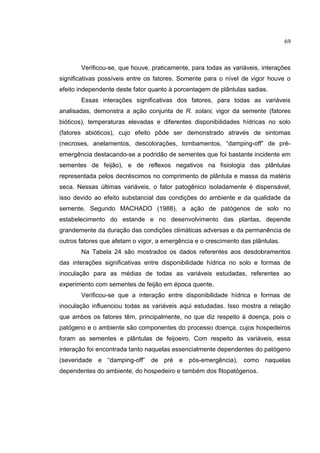 41
Verificou-se, que houve, praticamente, para todas as variáveis, interações
significativas possíveis entre os fatores. Somente para o nível de vigor houve o
efeito independente deste fator quanto à porcentagem de plântulas sadias.
Essas interações significativas dos fatores, para todas as variáveis
analisadas, demonstra a ação conjunta de R. solani, vigor da semente (fatores
bióticos), temperaturas elevadas e diferentes disponibilidades hídricas no solo
(fatores abióticos), cujo efeito pôde ser demonstrado através de sintomas
(necroses, anelamentos, descolorações, tombamentos, “damping-off” de pré-
emergência destacando-se a podridão de sementes que foi bastante incidente em
sementes de feijão), e de reflexos negativos na fisiologia das plântulas
representada pelos decréscimos no comprimento de plântula e massa da matéria
seca. Nessas últimas variáveis, o fator patogênico isoladamente é dispensável,
isso devido ao efeito substancial das condições do ambiente e da qualidade da
semente. Segundo MACHADO (1988), a ação de patógenos de solo no
estabelecimento do estande e no desenvolvimento das plantas, depende
grandemente da duração das condições climáticas adversas e da permanência de
outros fatores que afetam o vigor, a emergência e o crescimento das plântulas.
Na Tabela 24 são mostrados os dados referentes aos desdobramentos
das interações significativas entre disponibilidade hídrica no solo e formas de
inoculação para as médias de todas as variáveis estudadas, referentes ao
experimento com sementes de feijão em época quente.
Verificou-se que a interação entre disponibilidade hídrica e formas de
inoculação influenciou todas as variáveis aqui estudadas. Isso mostra a relação
que ambos os fatores têm, principalmente, no que diz respeito à doença, pois o
patógeno e o ambiente são componentes do processo doença, cujos hospedeiros
foram as sementes e plântulas de feijoeiro. Com respeito às variáveis, essa
interação foi encontrada tanto naquelas essencialmente dependentes do patógeno
(severidade e “damping-off” de pré e pós-emergência), como naquelas
dependentes do ambiente, do hospedeiro e também dos fitopatógenos.
69
 