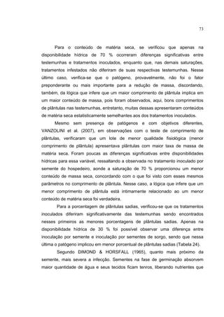 45
Para o conteúdo de matéria seca, se verificou que apenas na
disponibilidade hídrica de 70 % ocorreram diferenças significativas entre
testemunhas e tratamentos inoculados, enquanto que, nas demais saturações,
tratamentos infestados não diferiram de suas respectivas testemunhas. Nesse
último caso, verifica-se que o patógeno, provavelmente, não foi o fator
preponderante ou mais importante para a redução de massa, discordando,
também, da lógica que infere que um maior comprimento de plântula implica em
um maior conteúdo de massa, pois foram observados, aqui, bons comprimentos
de plântulas nas testemunhas, entretanto, muitas dessas apresentaram conteúdos
de matéria seca estatisticamente semelhantes aos dos tratamentos inoculados.
Mesmo sem presença de patógenos e com objetivos diferentes,
VANZOLINI et al. (2007), em observações com o teste de comprimento de
plântulas, verificaram que um lote de menor qualidade fisiológica (menor
comprimento de plântula) apresentava plântulas com maior taxa de massa de
matéria seca. Foram poucas as diferenças significativas entre disponibilidades
hídricas para essa variável, ressaltando a observada no tratamento inoculado por
semente do hospedeiro, aonde a saturação de 70 % proporcionou um menor
conteúdo de massa seca, concordando com o que foi visto com esses mesmos
parâmetros no comprimento de plântula. Nesse caso, a lógica que infere que um
menor comprimento de plântula está intimamente relacionado ao um menor
conteúdo de matéria seca foi verdadeira.
Para a porcentagem de plântulas sadias, verificou-se que os tratamentos
inoculados diferiram significativamente das testemunhas sendo encontrados
nesses primeiros as menores porcentagens de plântulas sadias. Apenas na
disponibilidade hídrica de 30 % foi possível observar uma diferença entre
inoculação por semente e inoculação por sementes de sorgo, sendo que nessa
última o patógeno implicou em menor porcentual de plântulas sadias (Tabela 24).
Segundo DIMOND & HORSFALL (1965), quanto mais próximo da
semente, mais severa a infecção. Sementes na fase de germinação absorvem
maior quantidade de água e seus tecidos ficam tenros, liberando nutrientes que
73
 