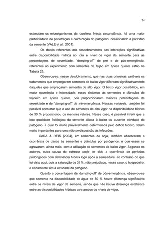 46
estimulam os microrganismos da rizosfera. Nesta circunstância, há uma maior
probabilidade de penetração e colonização do patógeno, ocasionando a podridão
da semente (VALE et al., 2001).
Os dados referentes aos desdobramentos das interações significativas
entre disponibilidade hídrica no solo e nível de vigor da semente para as
porcentagens de severidade, “damping-off” de pré e de pós-emergência,
referentes ao experimento com sementes de feijão em época quente estão na
Tabela 25.
Observou-se, nesse desdobramento, que nas duas primeiras variáveis os
tratamentos que empregaram sementes de baixo vigor diferiram significativamente
daqueles que empregaram sementes de alto vigor. O baixo vigor possibilitou, em
maior ocorrência e intensidade, esses sintomas às sementes e plântulas de
feijoeiro em época quente, pois proporcionaram maiores porcentagens de
severidade e de “damping-off” de pré-emergência. Nessas variáveis, também foi
possível constatar que o uso de sementes de alto vigor na disponibilidade hídrica
de 30 % proporcionou os menores valores. Nesse caso, é possível inferir que a
boa qualidade fisiológica da semente aliada à baixa ou ausente atividade do
patógeno, a qual foi muito provavelmente determinada pelo déficit hídrico, foram
muito importantes para uma não predisposição às infecções.
CASA & REIS (2004), em sementes de soja, também observaram a
ocorrência de danos às sementes e plântulas por patógenos, e que esses se
agravaram, ainda mais, com a utilização de sementes de baixo vigor. Segundo os
autores, outra causa do estresse pode ter sido a ocorrência de períodos
prolongados com deficiência hídrica logo após a semeadura, ao contrário do que
foi visto aqui, pois a saturação de 30 %, não prejudicou, nesse caso, o hospedeiro,
e certamente sim à atividade do patógeno.
Quanto a porcentagem de “damping-off” de pós-emergência, observou-se
que somente na disponibilidade de água de 50 % houve diferença significativa
entre os níveis de vigor da semente, sendo que não houve diferença estatística
entre as disponibilidades hídricas para ambos os níveis de vigor.
74
 