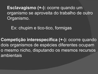 Esclavagismo (+-):  ocorre quando um organismo se aproveita do trabalho de outro Organismo. Ex: chupim e tico-tico, formigas Competição interespecífica (+-):  ocorre quando dois organismos de espécies diferentes ocupam o mesmo nicho, disputando os mesmos recursos ambientais 