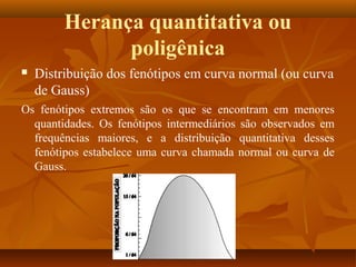 Herança quantitativa ou
poligênica
 Distribuição dos fenótipos em curva normal (ou curva
de Gauss)
Os fenótipos extremos são os que se encontram em menores
quantidades. Os fenótipos intermediários são observados em
frequências maiores, e a distribuição quantitativa desses
fenótipos estabelece uma curva chamada normal ou curva de
Gauss.
 