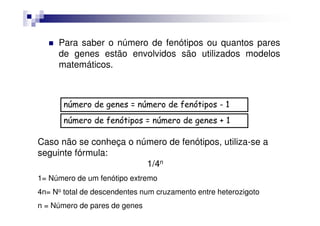 Para saber o número de fenótipos ou quantos pares
     de genes estão envolvidos são utilizados modelos
     matemáticos.



       número de genes = número de fenótipos - 1
       número de fenótipos = número de genes + 1

Caso não se conheça o número de fenótipos, utiliza-se a
seguinte fórmula:
                        1/4n
1= Número de um fenótipo extremo
4n= No total de descendentes num cruzamento entre heterozigoto
n = Número de pares de genes
 