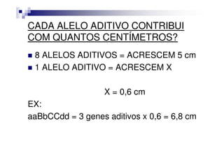 CADA ALELO ADITIVO CONTRIBUI
COM QUANTOS CENTÍMETROS?
 8 ALELOS ADITIVOS = ACRESCEM 5 cm
 1 ALELO ADITIVO = ACRESCEM X

                   X = 0,6 cm
EX:
aaBbCCdd = 3 genes aditivos x 0,6 = 6,8 cm
 