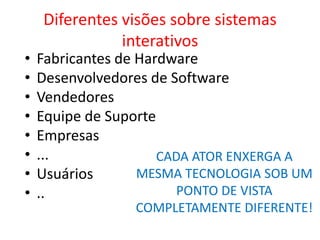 Diferentes visões sobre sistemas
interativos
• Fabricantes de Hardware
• Desenvolvedores de Software
• Vendedores
• Equipe de Suporte
• Empresas
• ...
• Usuários
• ..
CADA ATOR ENXERGA A
MESMA TECNOLOGIA SOB UM
PONTO DE VISTA
COMPLETAMENTE DIFERENTE!
 