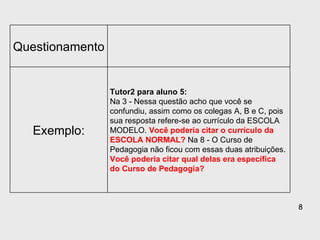 Questionamento Exemplo: Tutor2 para aluno 5: Na 3 - Nessa questão acho que você se confundiu, assim como os colegas A, B e C, pois sua resposta refere-se ao currículo da ESCOLA MODELO.  Você poderia citar o currículo da ESCOLA NORMAL?  Na 8 - O Curso de Pedagogia não ficou com essas duas atribuições.  Você poderia citar qual delas era específica do Curso de Pedagogia?  