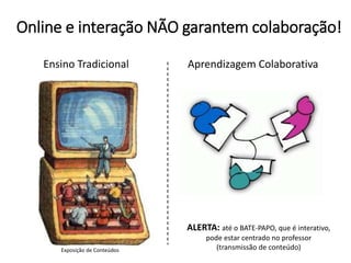 Online e interação NÃO garantem colaboração!
Fórum de Discussão
Exposição de Conteúdos
Ensino Tradicional Aprendizagem Colaborativa
ALERTA: até o BATE-PAPO, que é interativo,
pode estar centrado no professor
(transmissão de conteúdo)
 