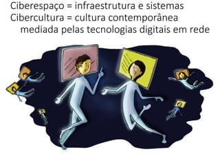 Ciberespaço = infraestrutura e sistemas
Cibercultura = cultura contemporânea
mediada pelas tecnologias digitais em rede
 