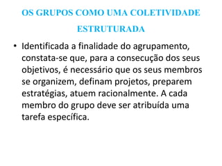 OS GRUPOS COMO UMA COLETIVIDADE
ESTRUTURADA
• Identificada a finalidade do agrupamento,
constata-se que, para a consecução dos seus
objetivos, é necessário que os seus membros
se organizem, definam projetos, preparem
estratégias, atuem racionalmente. A cada
membro do grupo deve ser atribuída uma
tarefa específica.
 