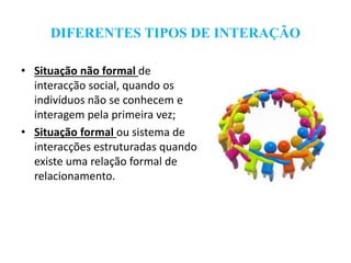 DIFERENTES TIPOS DE INTERAÇÃO
• Situação não formal de
interacção social, quando os
indivíduos não se conhecem e
interagem pela primeira vez;
• Situação formal ou sistema de
interacções estruturadas quando
existe uma relação formal de
relacionamento.
 