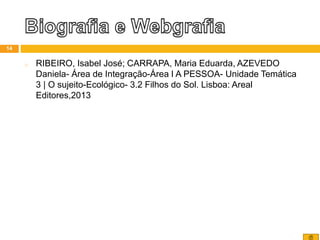 o RIBEIRO, Isabel José; CARRAPA, Maria Eduarda, AZEVEDO
Daniela- Área de Integração-Área I A PESSOA- Unidade Temática
3 | O sujeito-Ecológico- 3.2 Filhos do Sol. Lisboa: Areal
Editores,2013
14
 